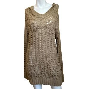 VERTIGO Tan Open Knit Hooded Long Tunic Sweater sz M NWT Orig $210
